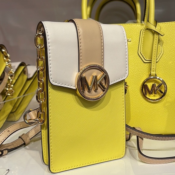 Michael Kors Carmen Small Color-Block Faux Leather Phone Crossbody Bag Sunshn - Picture 16 of 16